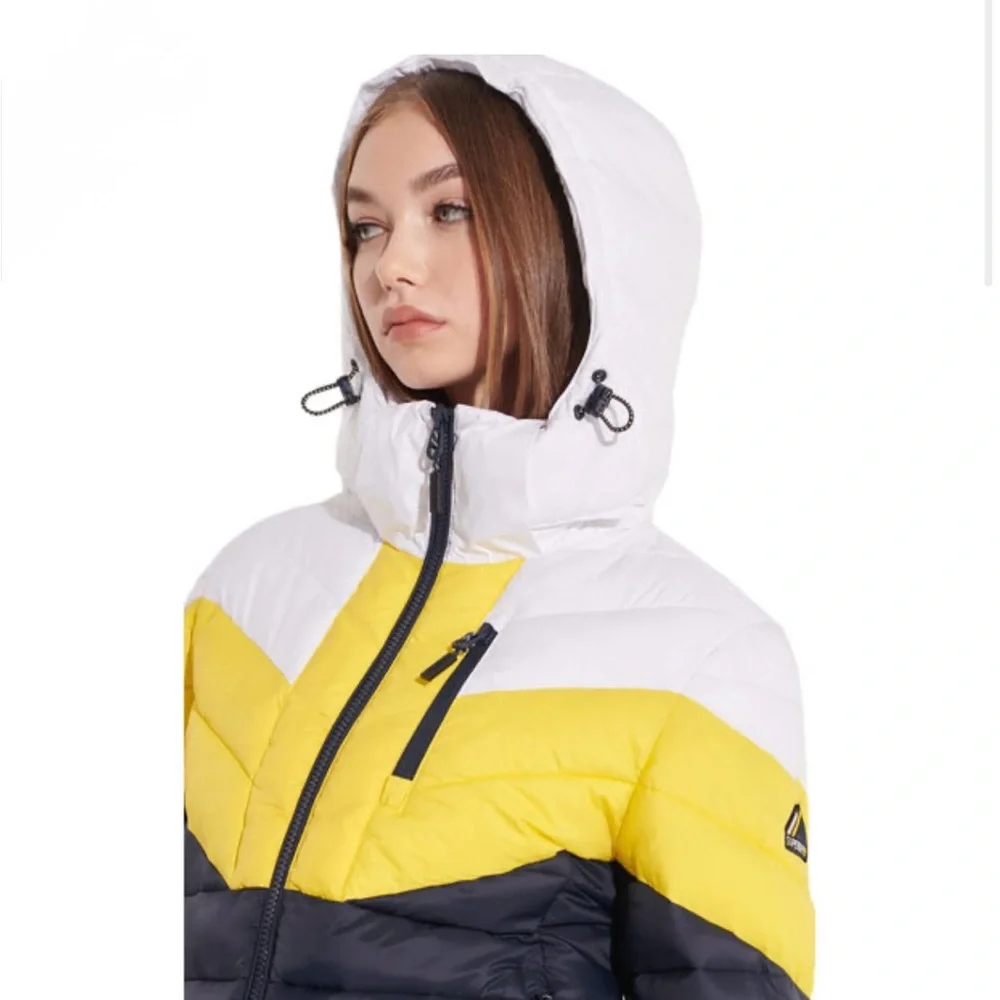 Superdry Colour-Block Fuji Puffer Jacket Size 6 Navy, Yellow, White NWT - Picture 5 of 10